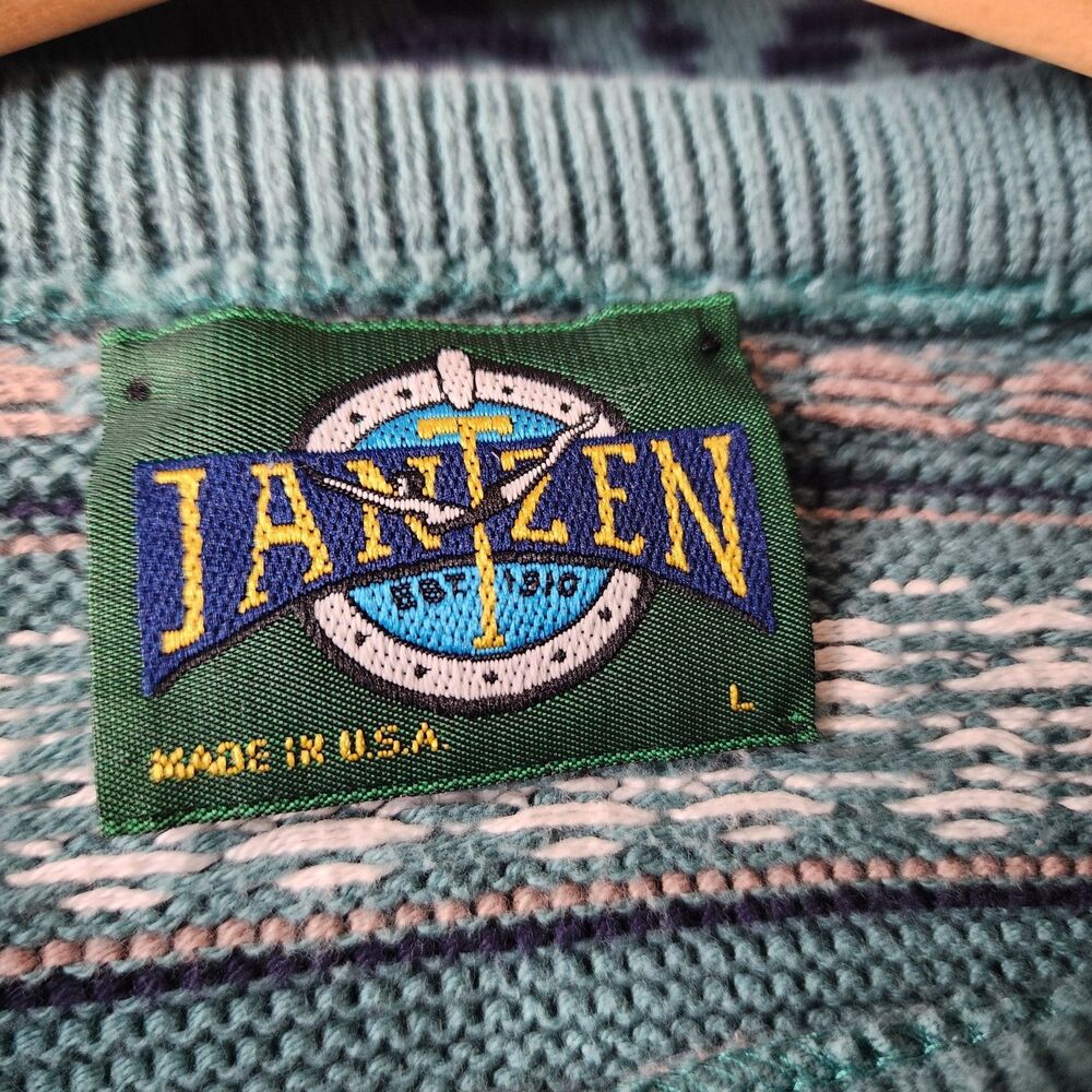 Vintage 90s Jantzen Sweater Mens Large Teal Green Geometric Southwestern USA - Picture 3 of 11